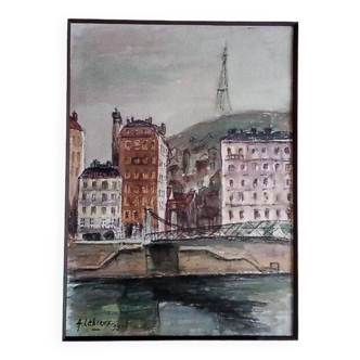André Lebreux - Watercolor 35 x 26 cm - the Saint-Vincent footbridge in Lyon