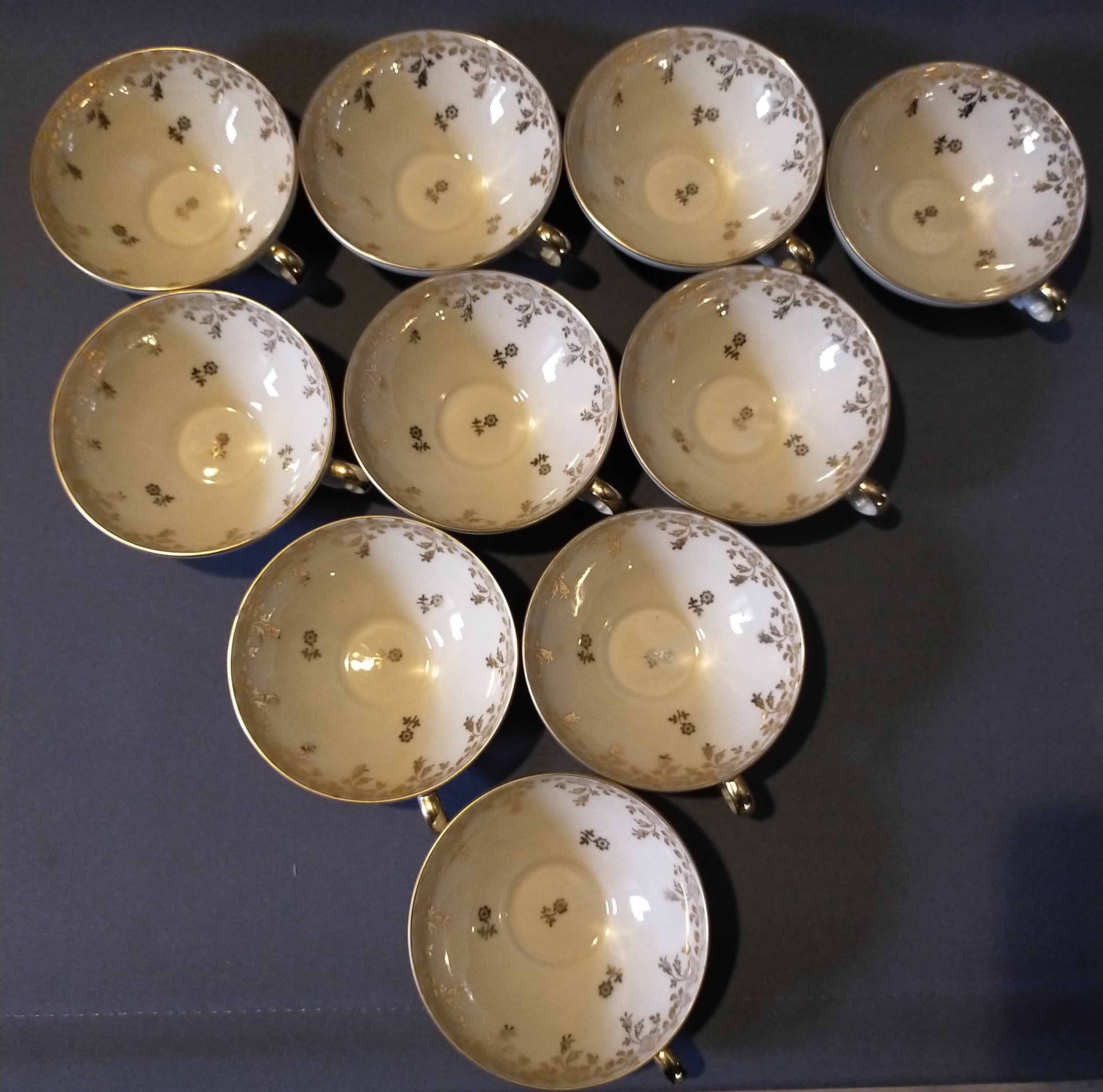 10 cups and tea saucers Limoges porcelain DRB Manufacture decor signed JS