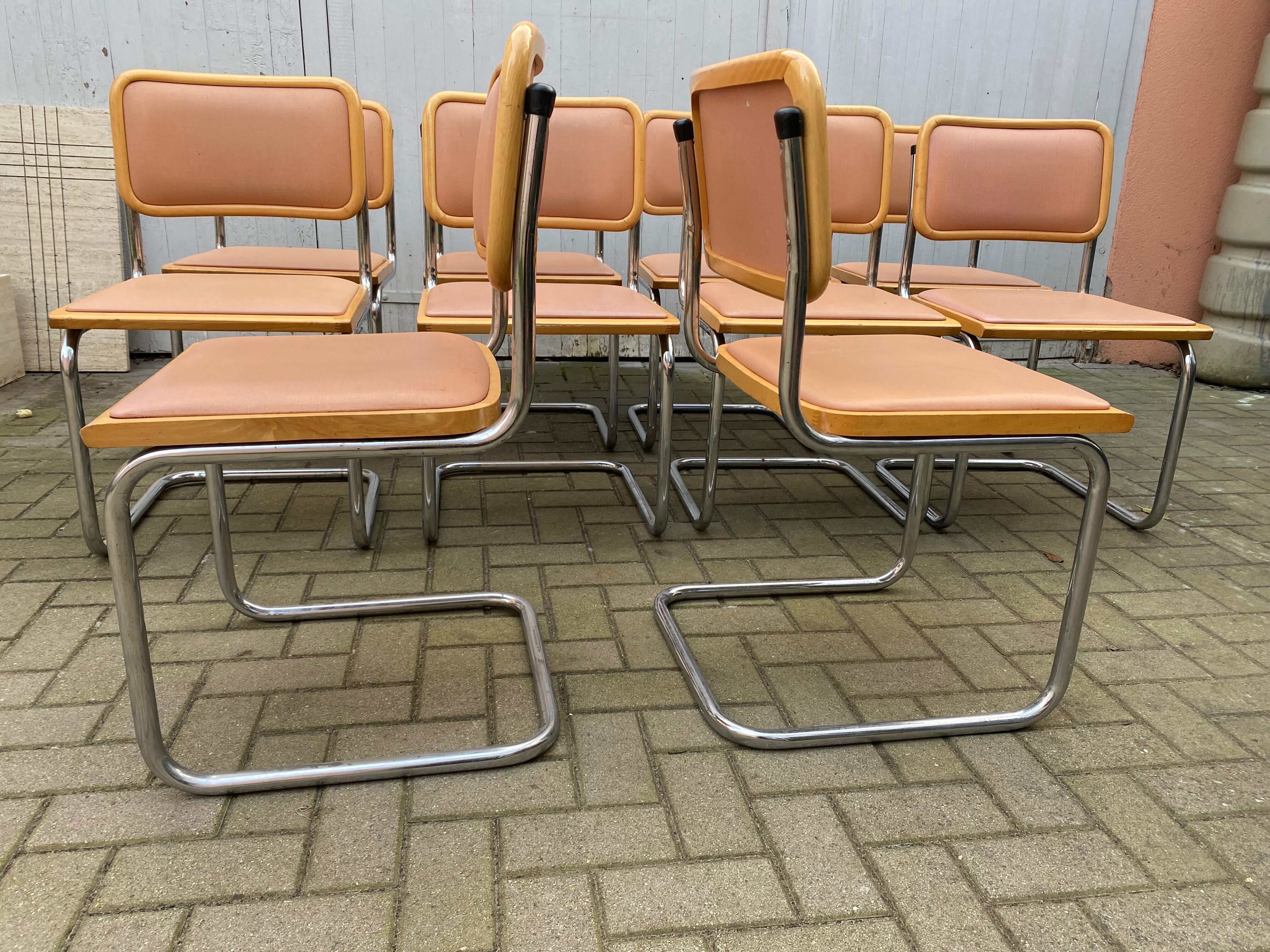 Set of 10 vintage chairs Marcel Breuer cesca b32 wood and skaï 1960