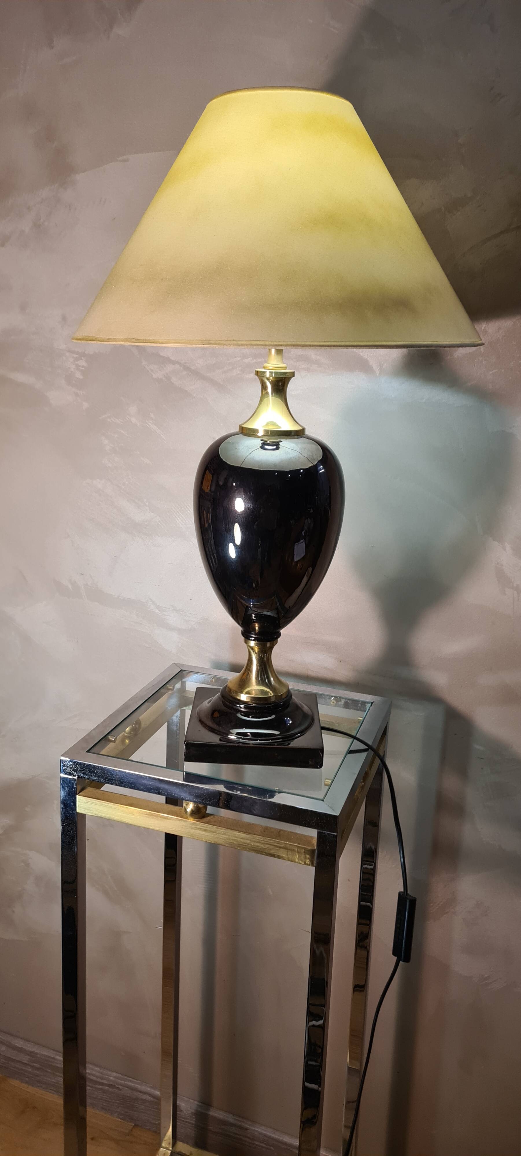black glazed and gold ceramic lamp