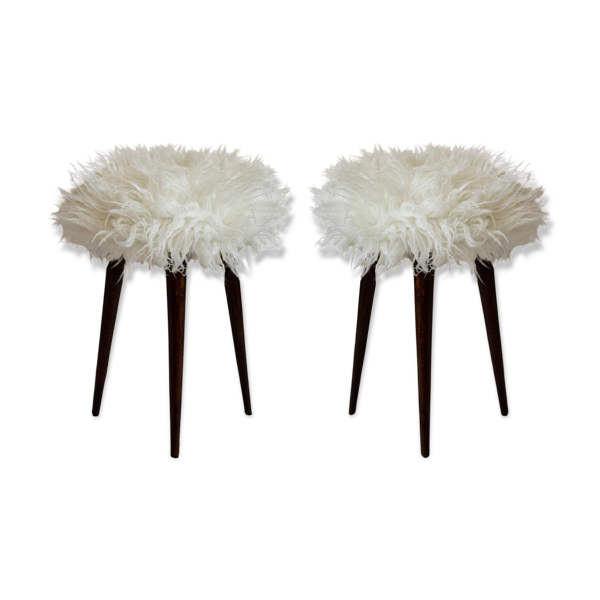 Paire de tabourets Mid-Century Alpaca blanc fausse fourrure, Europe, années 1960
