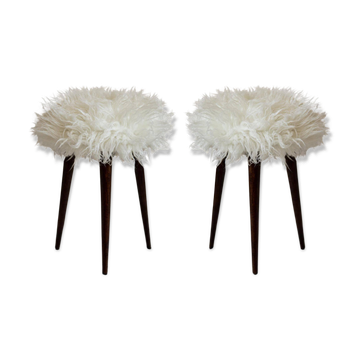 Paire de tabourets Mid-Century Alpaca blanc fausse fourrure, Europe, années 1960