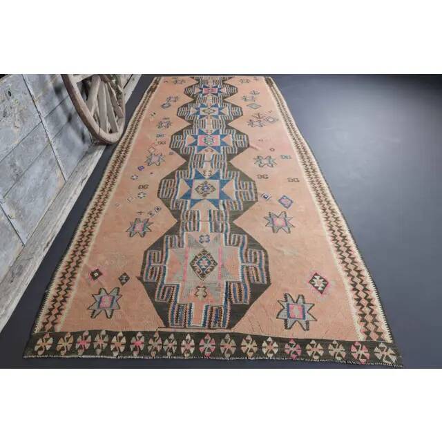 Vintage Turkish Oushak Handmade Cotton Orange Wool Kilim Runner Rug 170x404