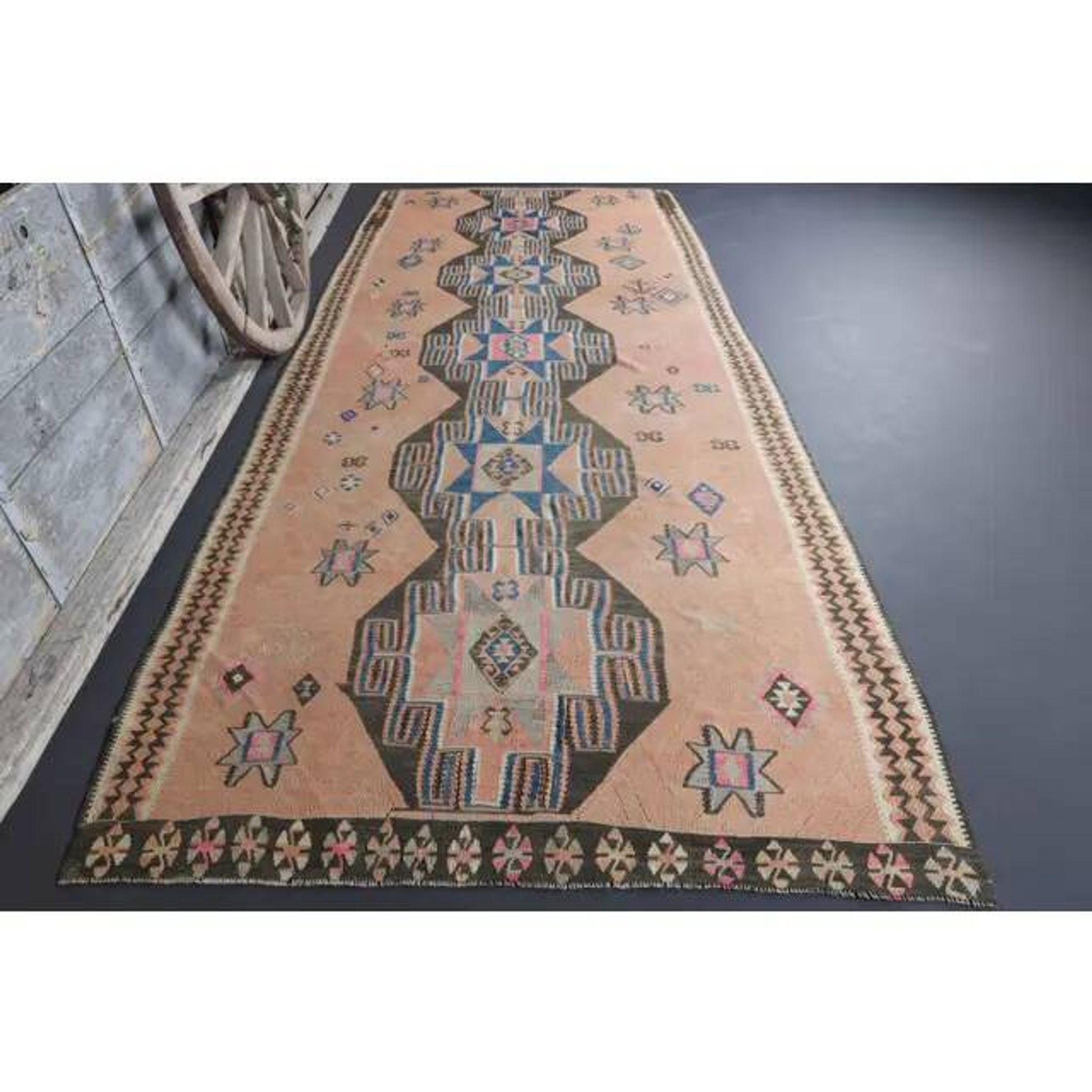 Vintage Turkish Oushak Handmade Cotton Orange Wool Kilim Runner Rug 170x404