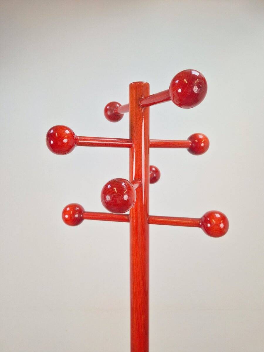 Vintage Red Stained Beech Coat Rack with Balls, 1970s