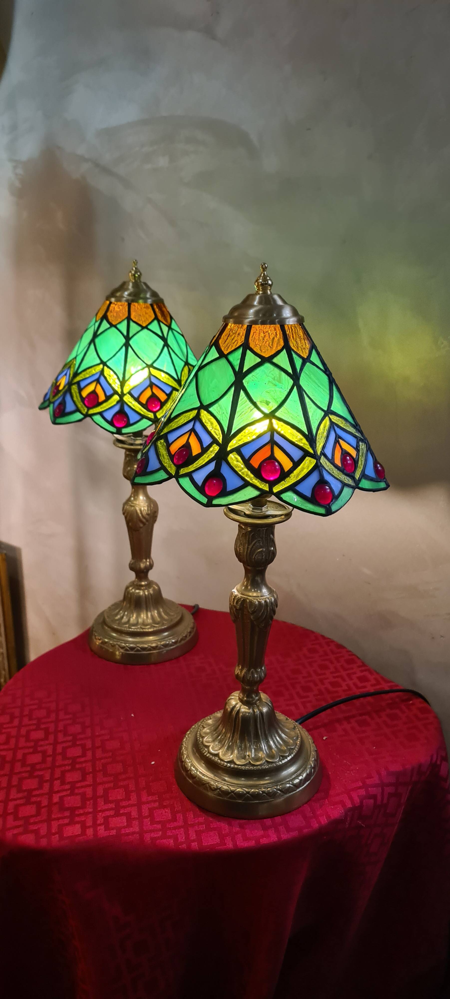 Pair of antique bronze lamps, glass lampshades, 44x21, stained glass, Tiffany style.