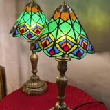 Pair of antique bronze lamps, glass lampshades, 44x21, stained glass, Tiffany style.