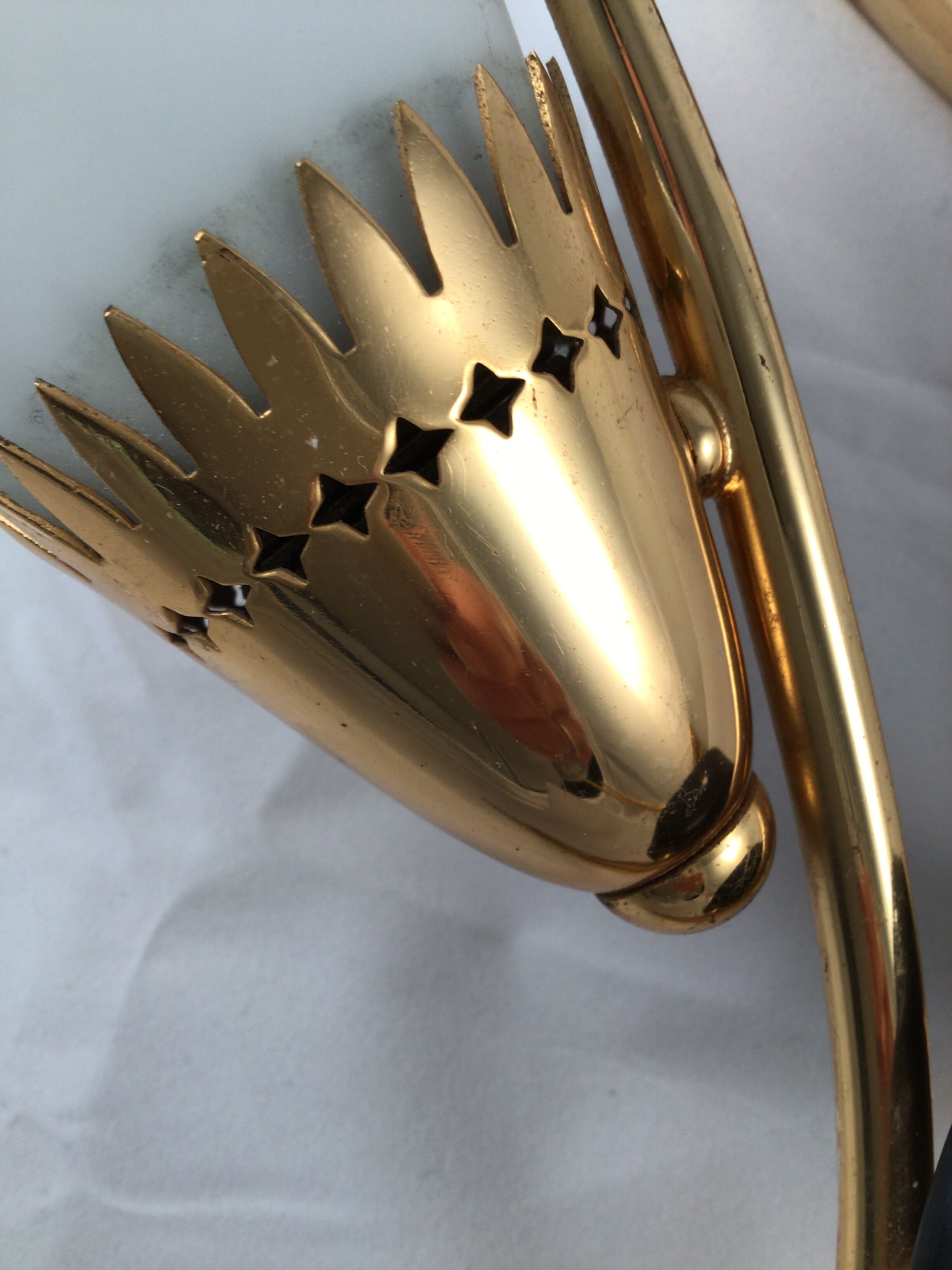 Pair of 60's gilded appliques 2 white conical lights