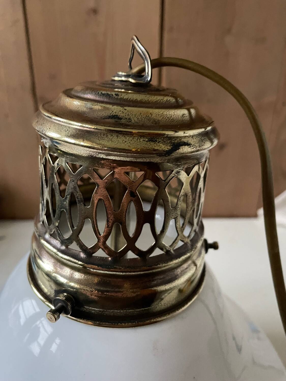 1920s opaline glass and brass pendant light