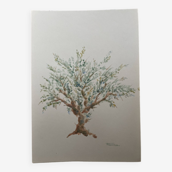 Tableau signé aquarelle paysage provençal « l’olivier »