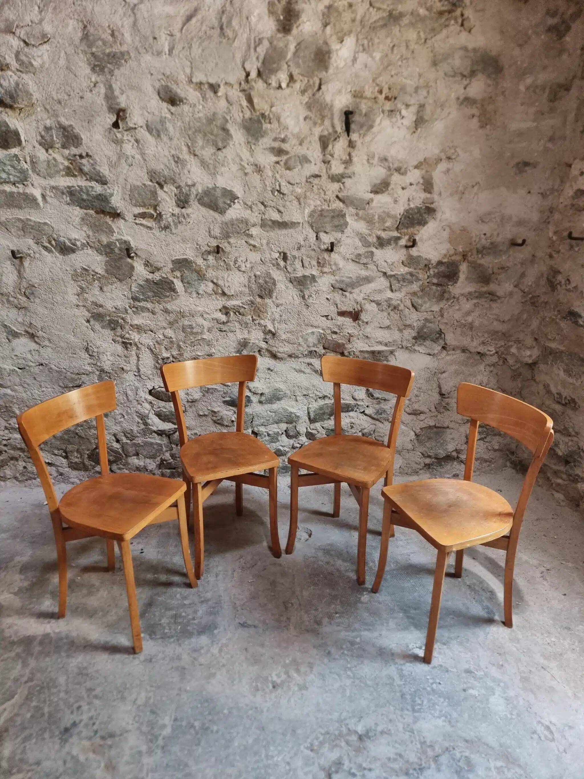 Set of 4 French bistro chairs, beech and plywood, 1960s, mid-century dining chairs.