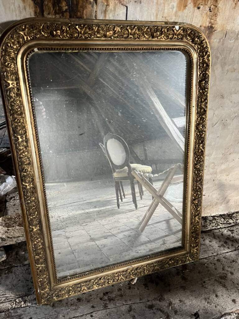 Antique fireplace mirror, gilded stucco frame, 19th century
