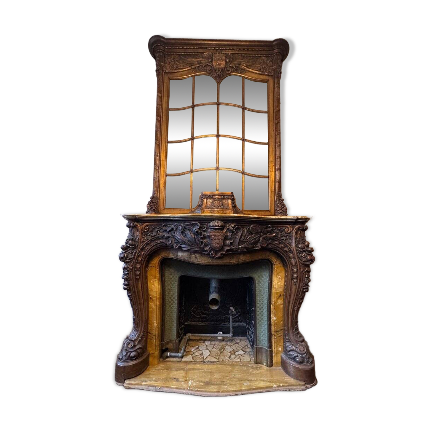 Impressive Fireplace And Its Trumeau In Carved Wood Underlined With Marble