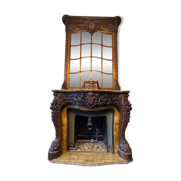 Impressive Fireplace And Its Trumeau In Carved Wood Underlined With Marble