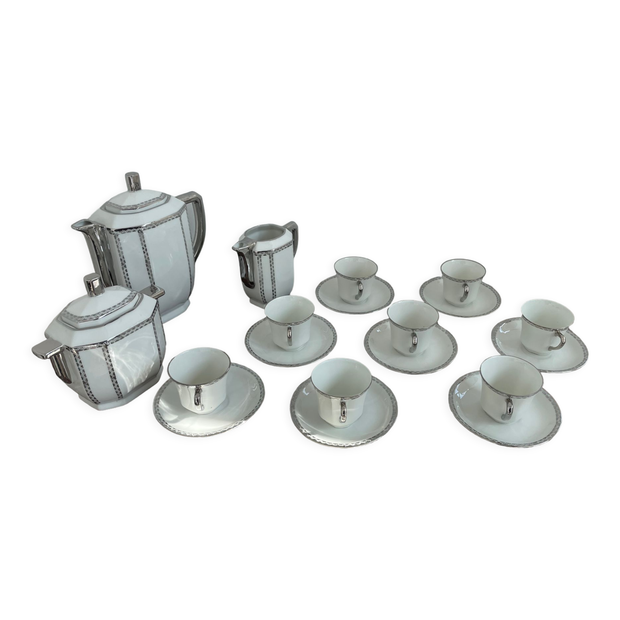 Coffee set, tea 1925, art deco, union céramique, uc, limoges, 8 cups, 8 subcups, teapot