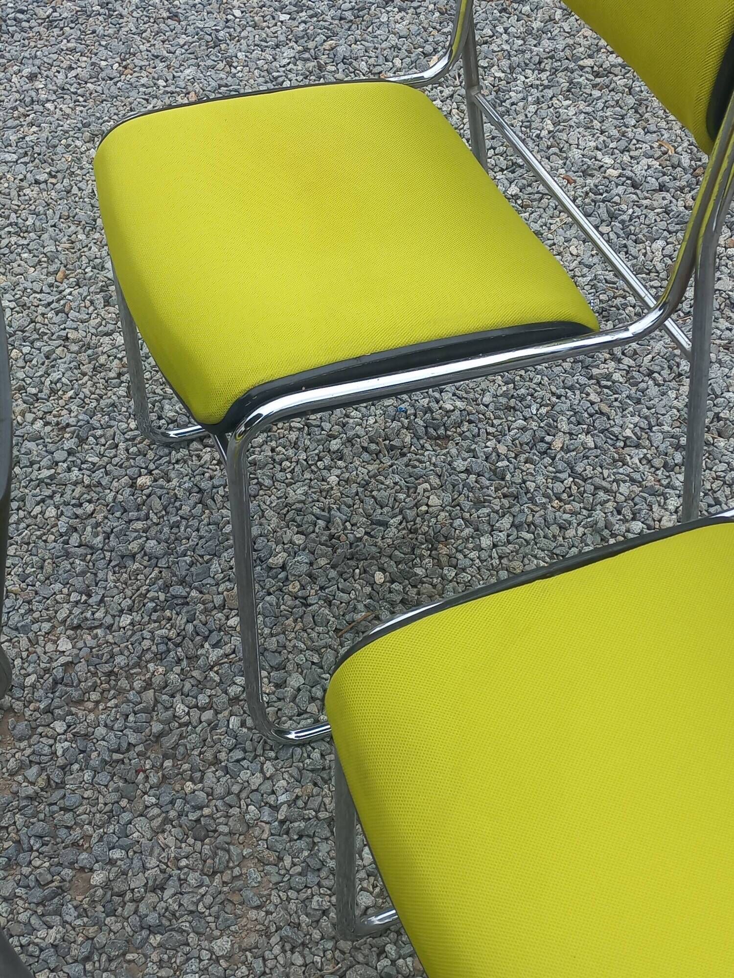 Set of 6 designer chairs with wooden seats and backs, chrome legs.
