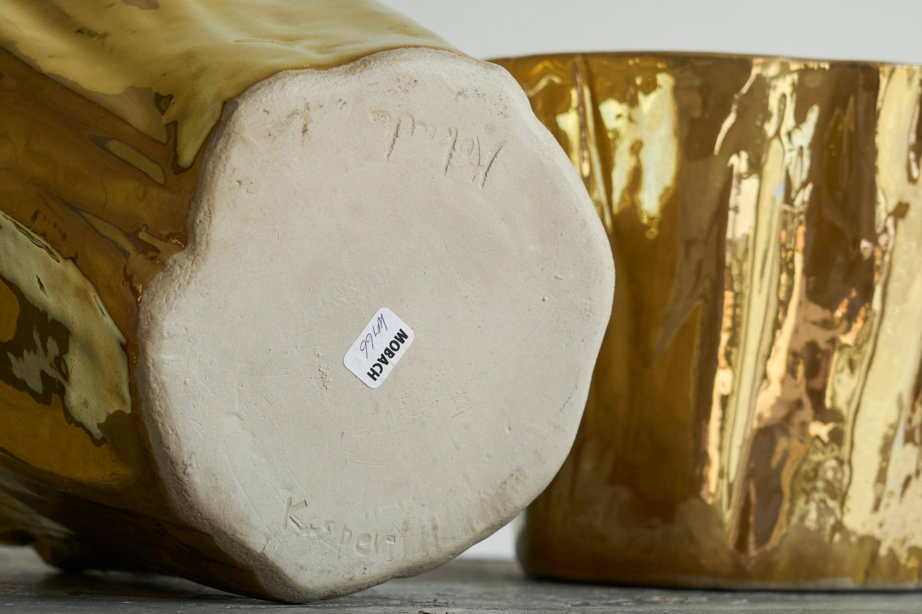 Pair of Kasper Mobach vases in pottery with golden glaze from the 1990s.