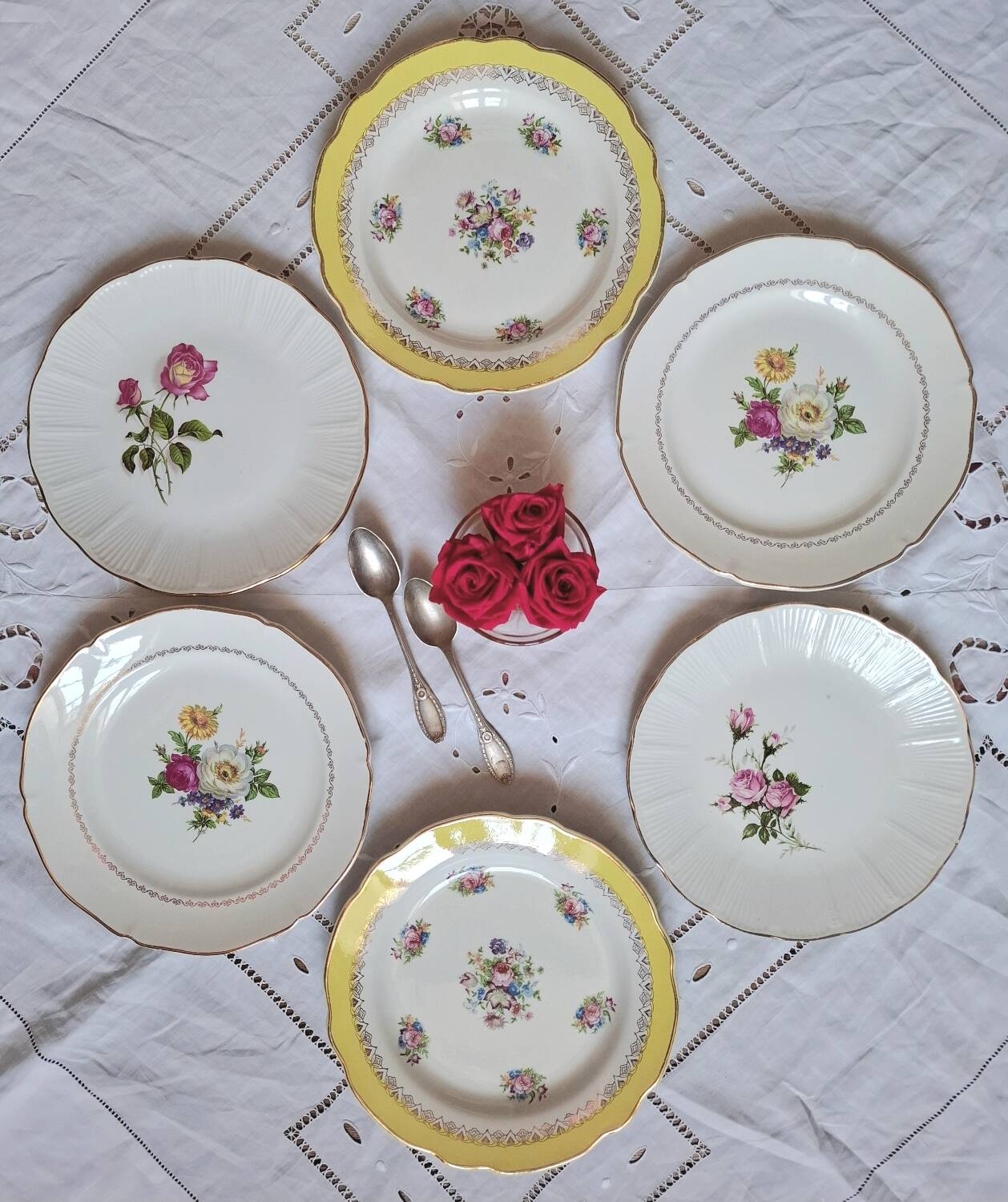 Old mismatched earthenware dessert plates