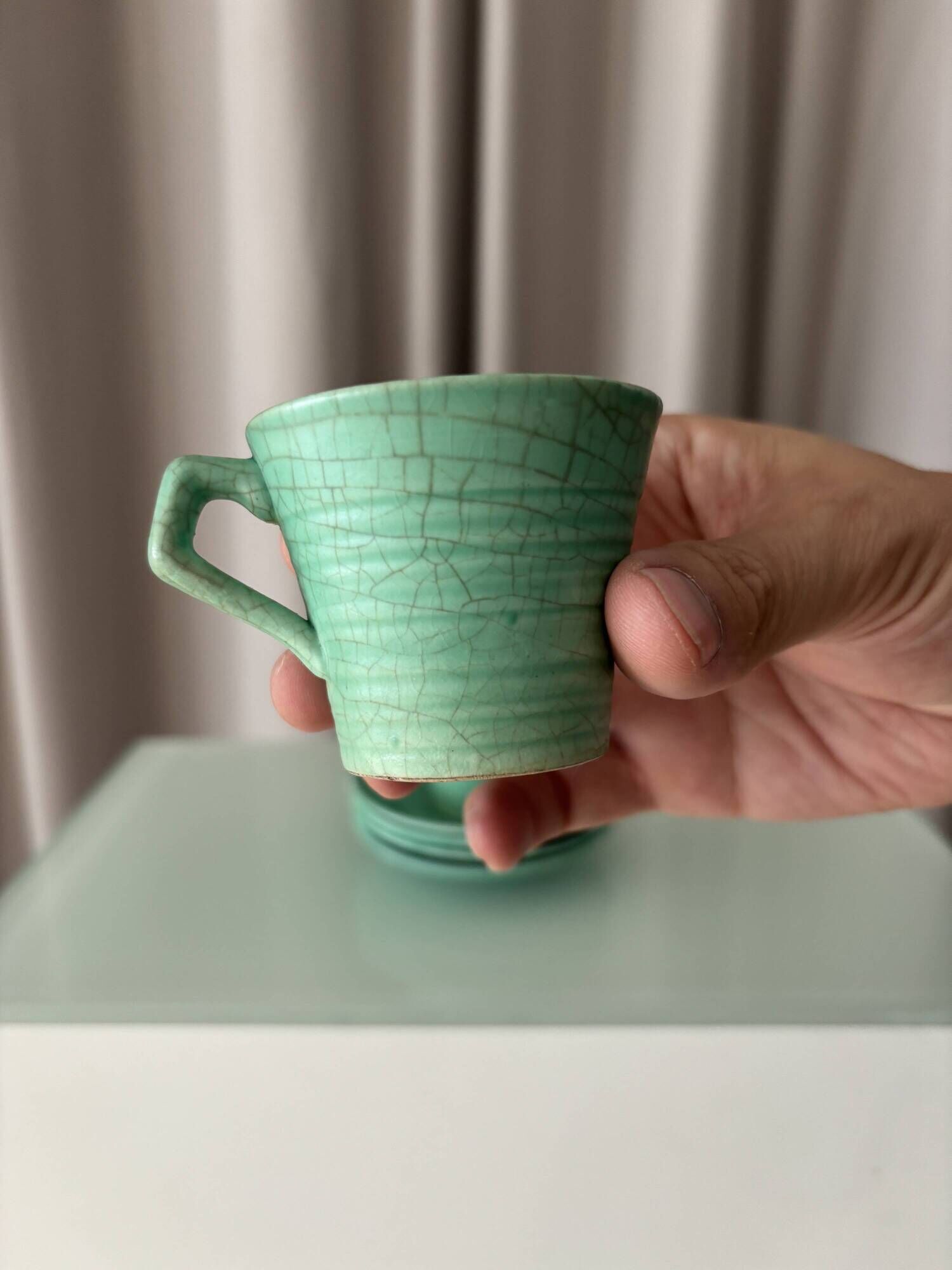 Set of 4 Vintage Jade Green Studio Pottery Espresso Cups & Saucers – Hand G