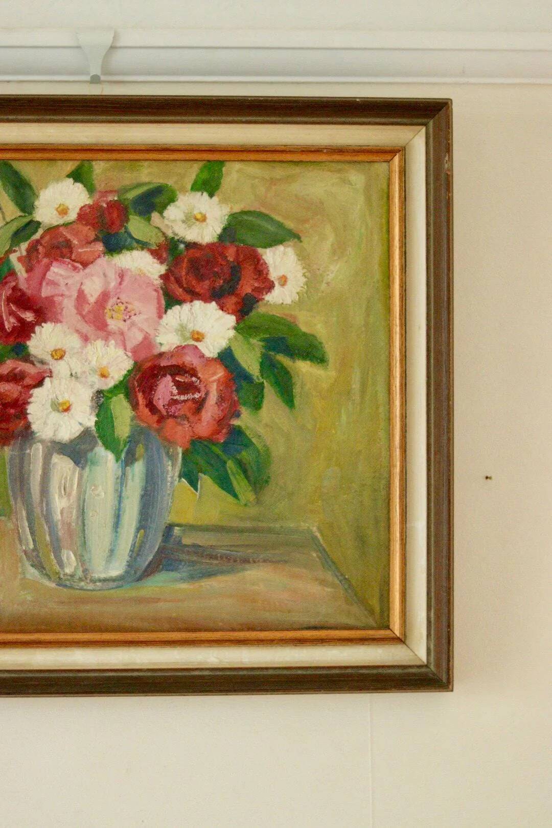 Peinture à l'huile sur panneau vintage européenne originale – « Décoration florale »