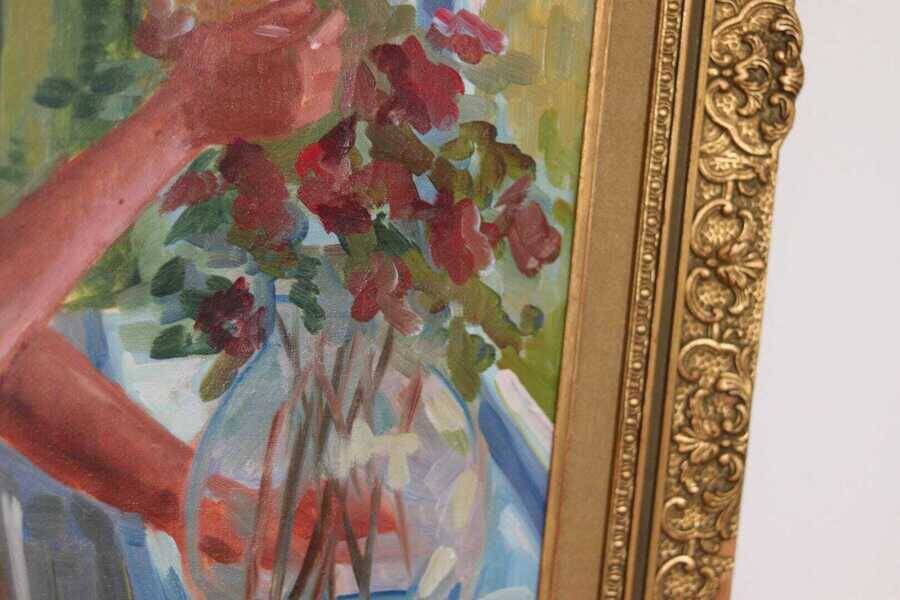 Original Swedish oil on canvas – “Woman with Flowers” by Bendt Lauritzen – signed, framed 82 × 72 cm (32.3" × 28.3")