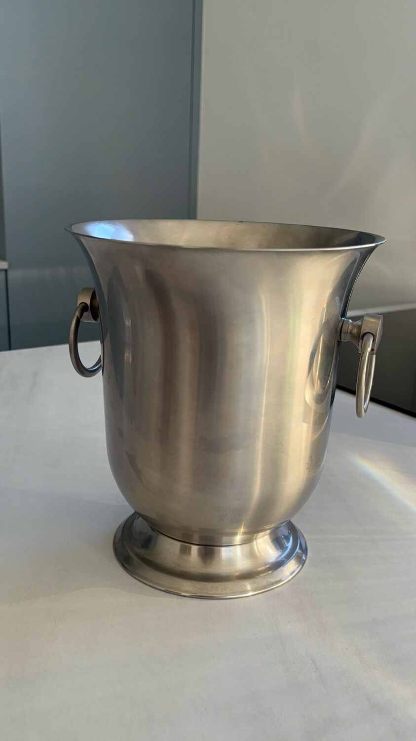 Stainless steel champagne bucket signed Guy Degrenne, antique metal decoration -
