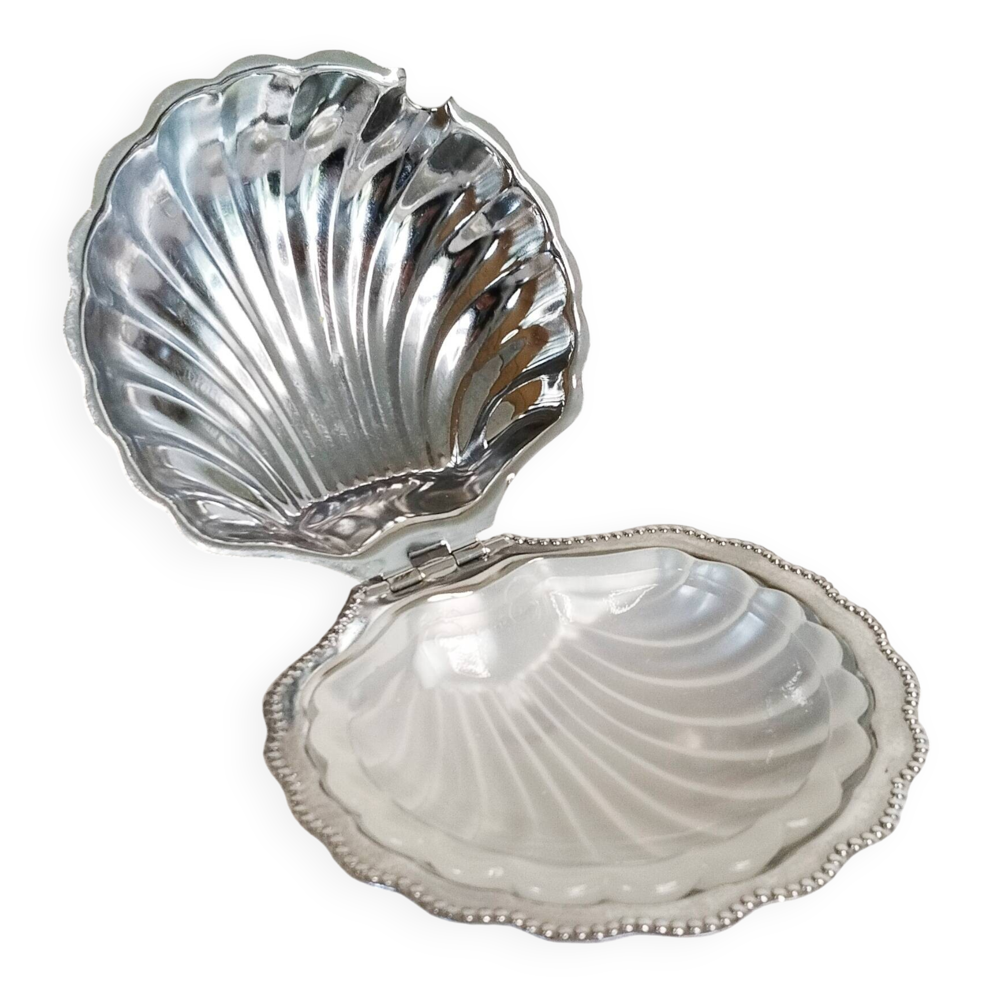 Scallop shell butter dish in metal and glass
