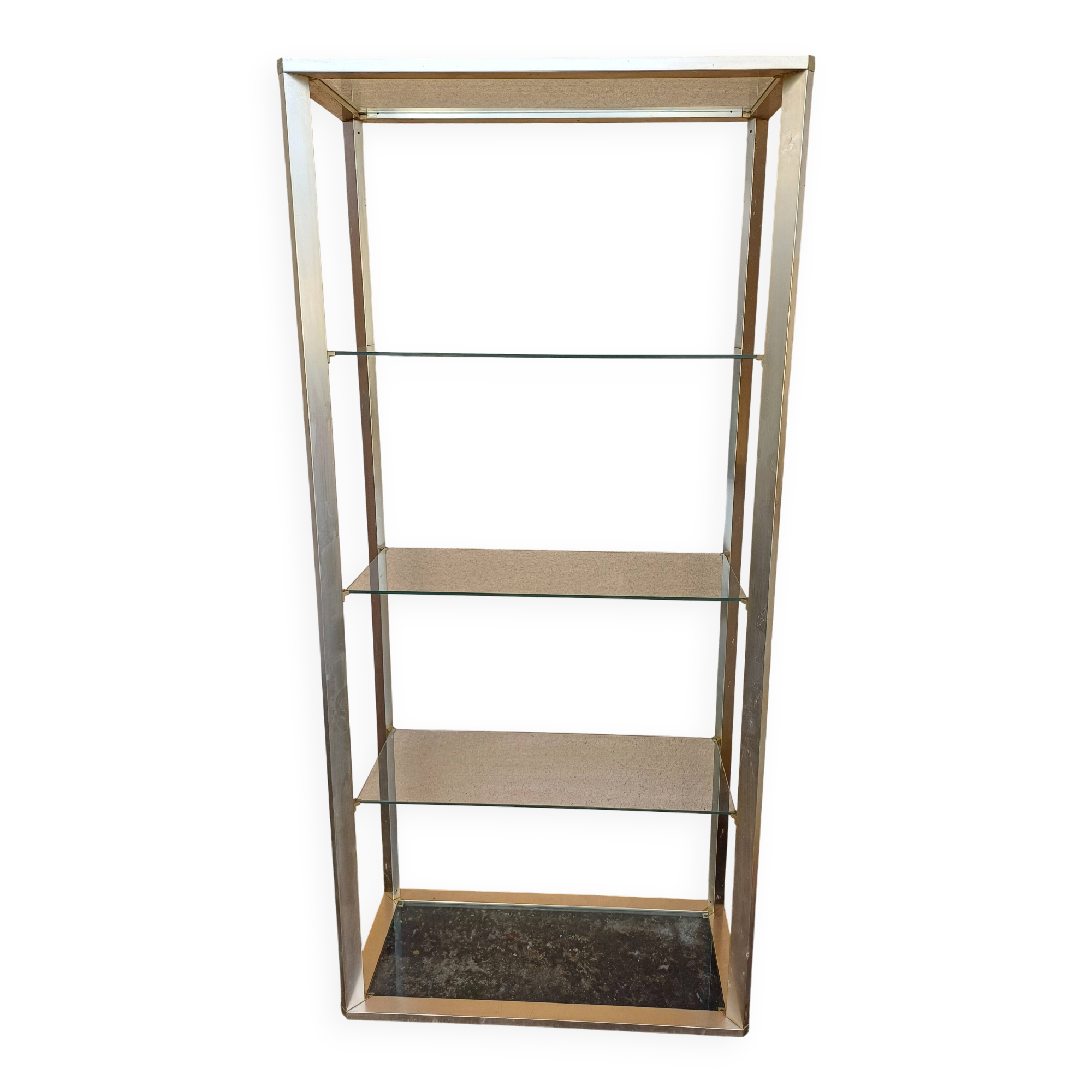 Vintage shelving unit in gold aluminum and glass