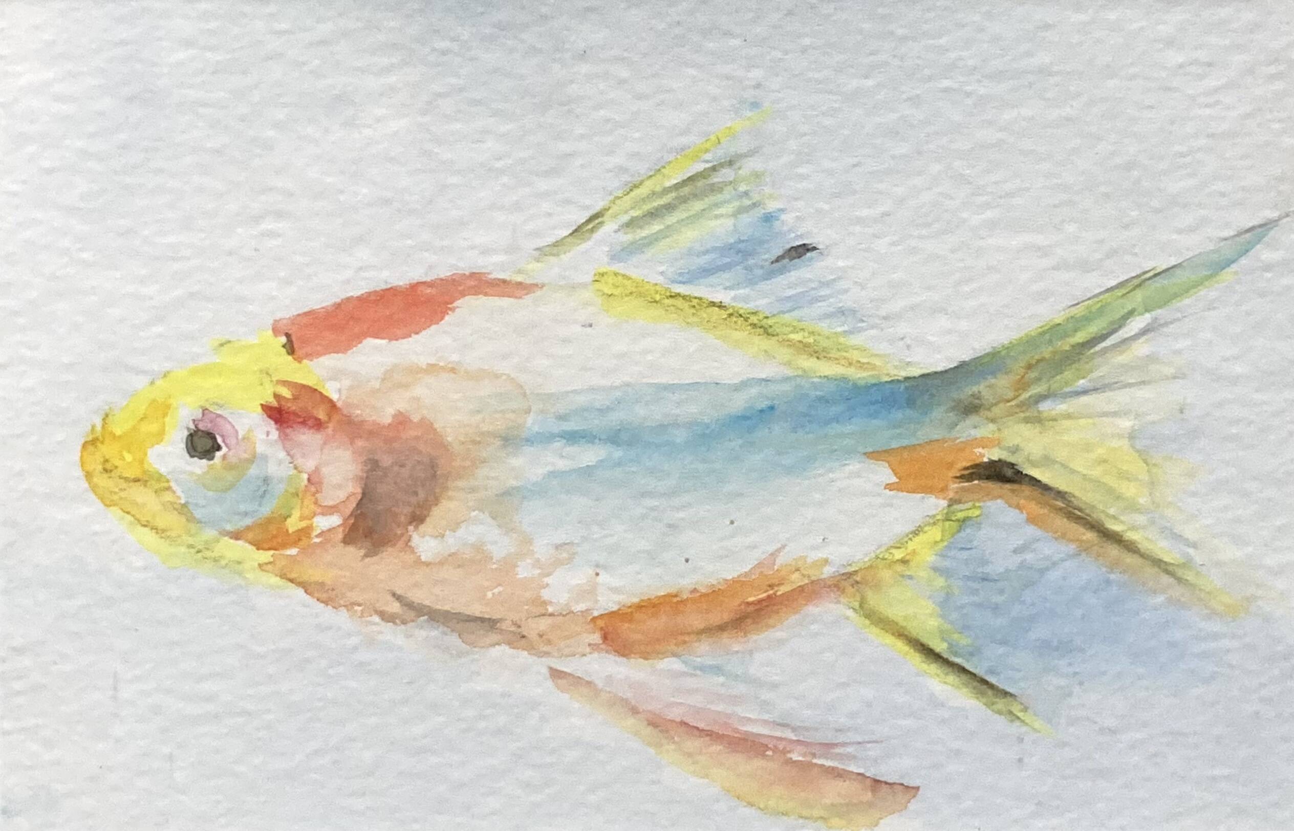 Watercolor painting of goldfish in a Louis XVI style wooden frame