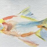 Peinture à l’aquarelle représentant des poissons rouges dans un cadre en bois de style Louis XVI