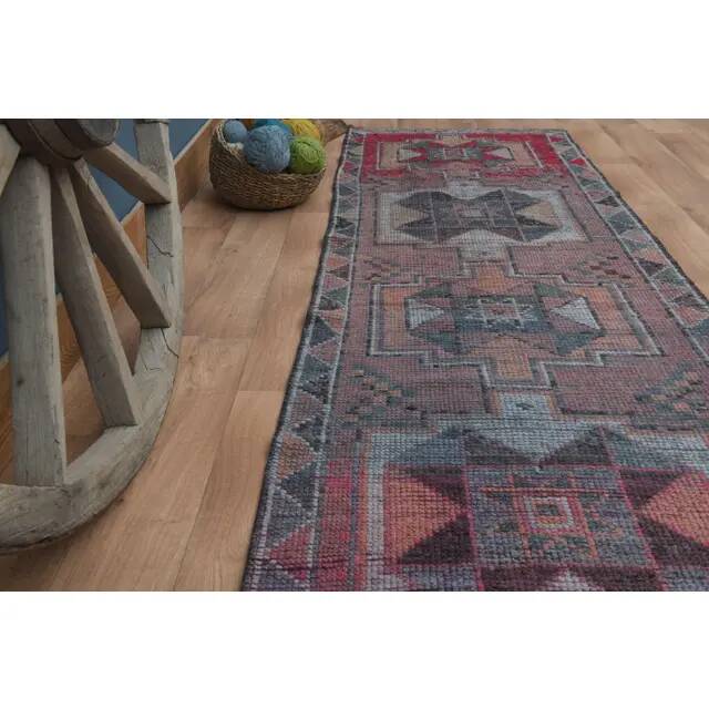 1970s Vintage Turkish Handmade Wool & Cotton Purple Runner Rug 91X359