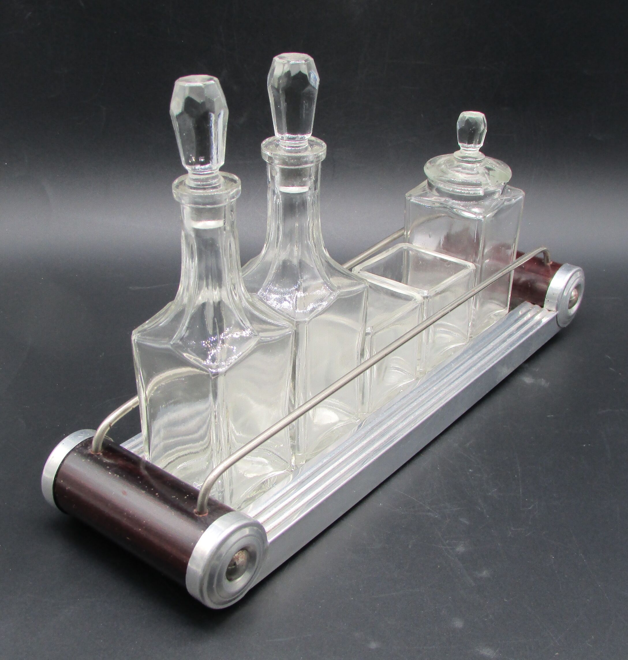 service to art-deco oiler condiments vinegar mustard pepper salt