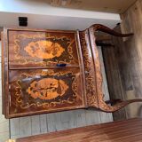 Vintage Italian brown wooden cocktail bar cabinet with inlaid marquetry from the 1950s.