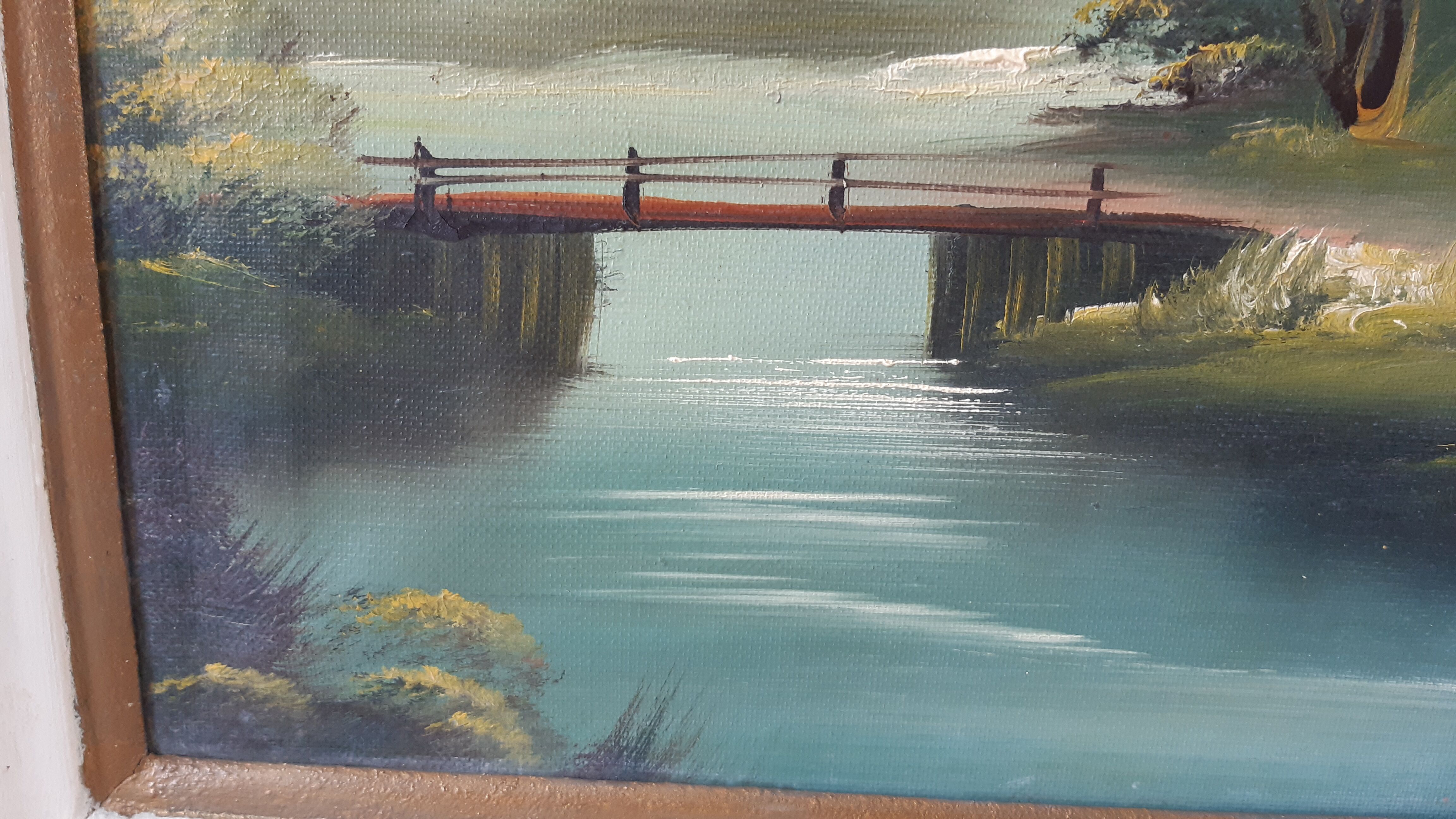 Vintage oil painting on canvas house and river
