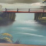 Vintage oil painting on canvas house and river