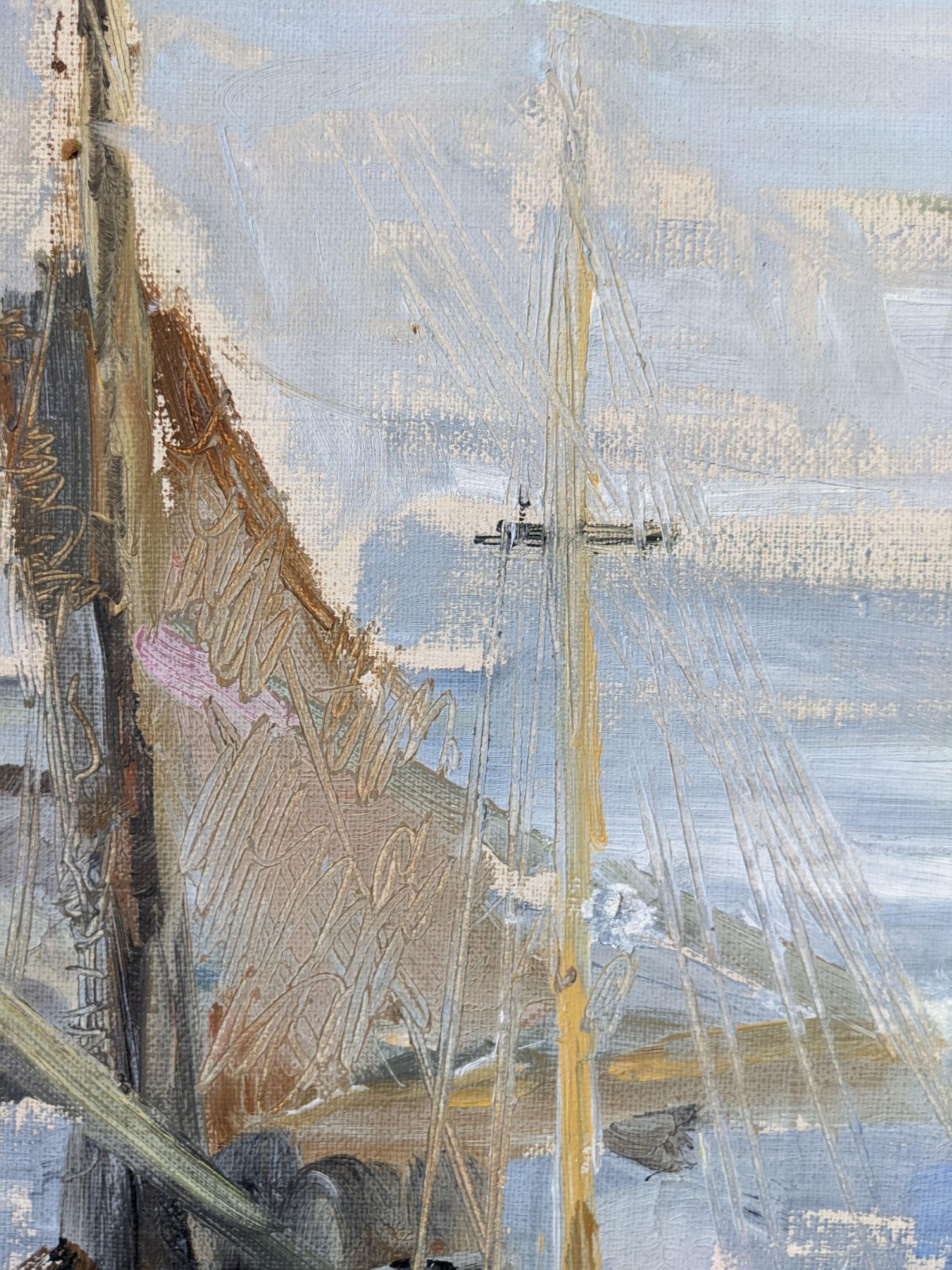 Mid-century modern swedish "archipelago boats" vintage seascape, framed oil painting