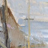 Mid-century modern swedish "archipelago boats" vintage seascape, framed oil painting