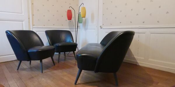 Salon canapé 2 fauteuils chauffeuses cuir noir