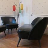 Living room sofa 2 black leather armchairs