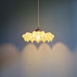 Art Deco pendant light in speckled green and white pleated glass, 1920s-30s.