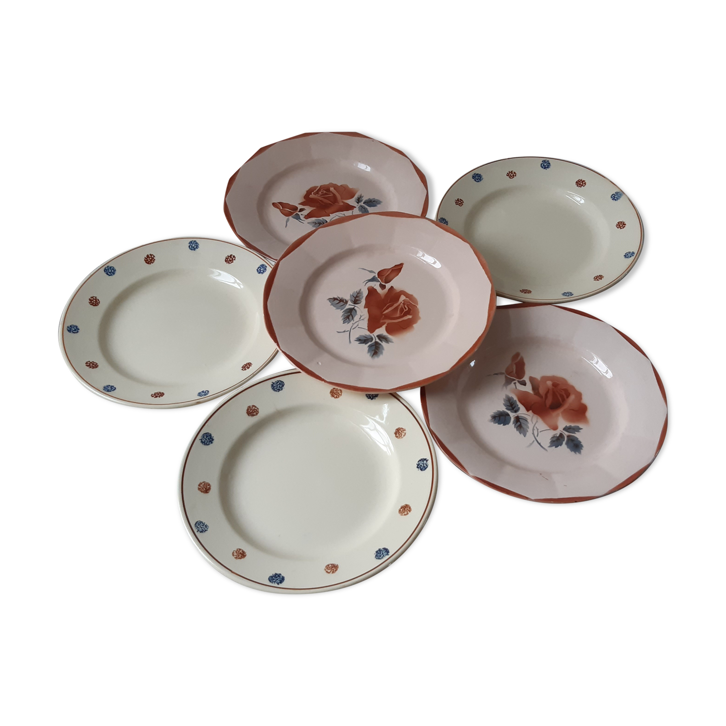 Set of 6 flat plates mismatched Digoin Sarreguemines