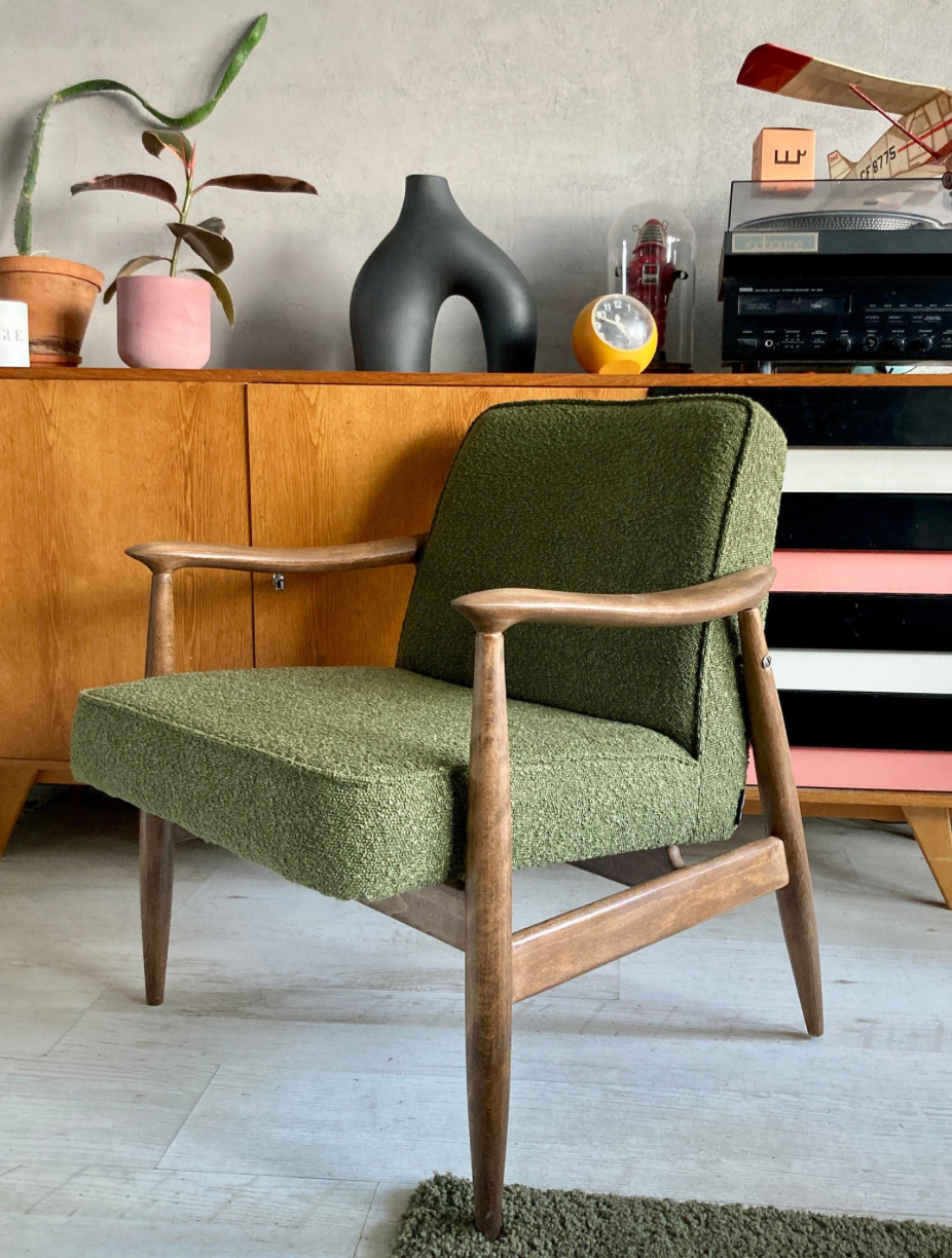 Original vintage polish chair GFM-87 designed by Juliusz Kędziorek in curled fabric