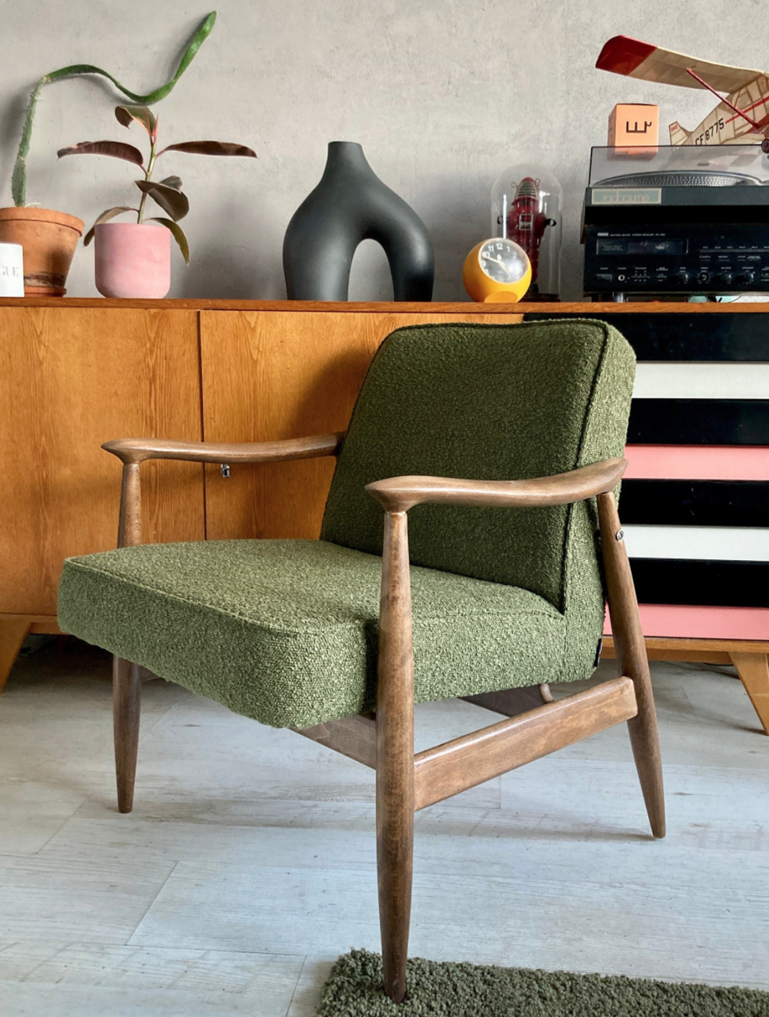Original vintage polish chair GFM-87 designed by Juliusz Kędziorek in curled fabric