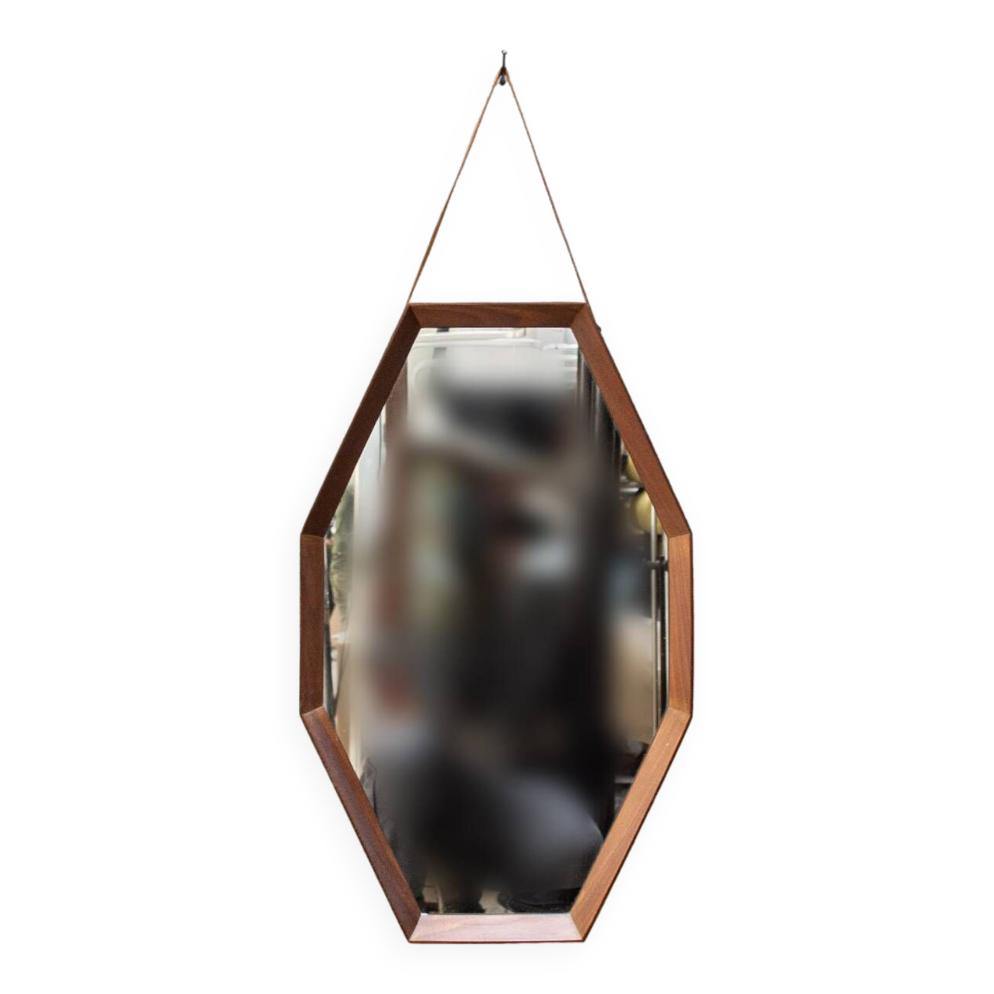 Specchio da parete ottagonale in legno massello e pelle, anni '50