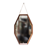 Specchio da parete ottagonale in legno massello e pelle, anni '50