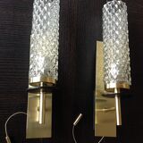 Pair of brass and glass wall lamps tube / vintage 60s-70s