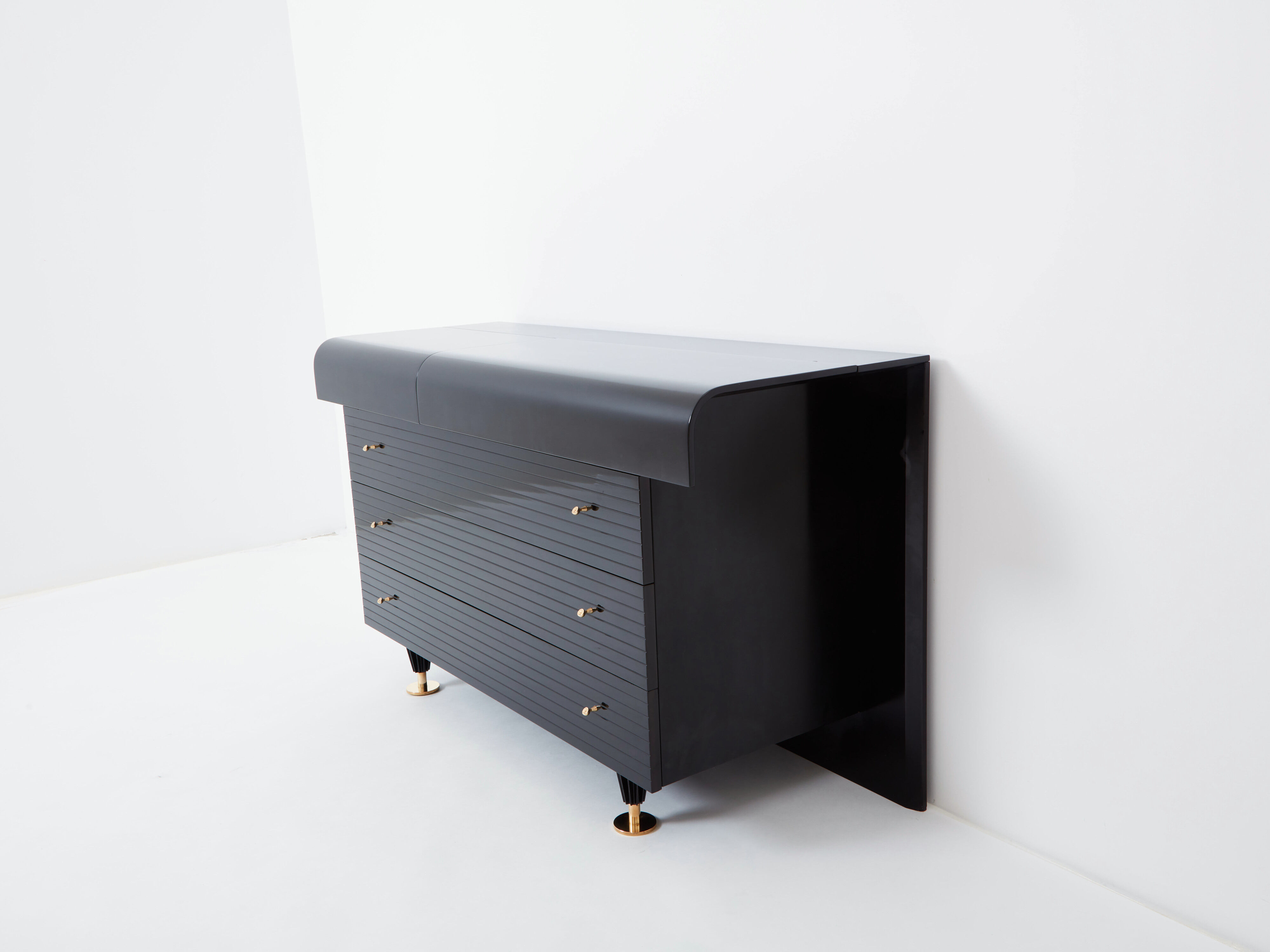 Black lacquered brass chest of drawers signed Pierre Cardin 1980