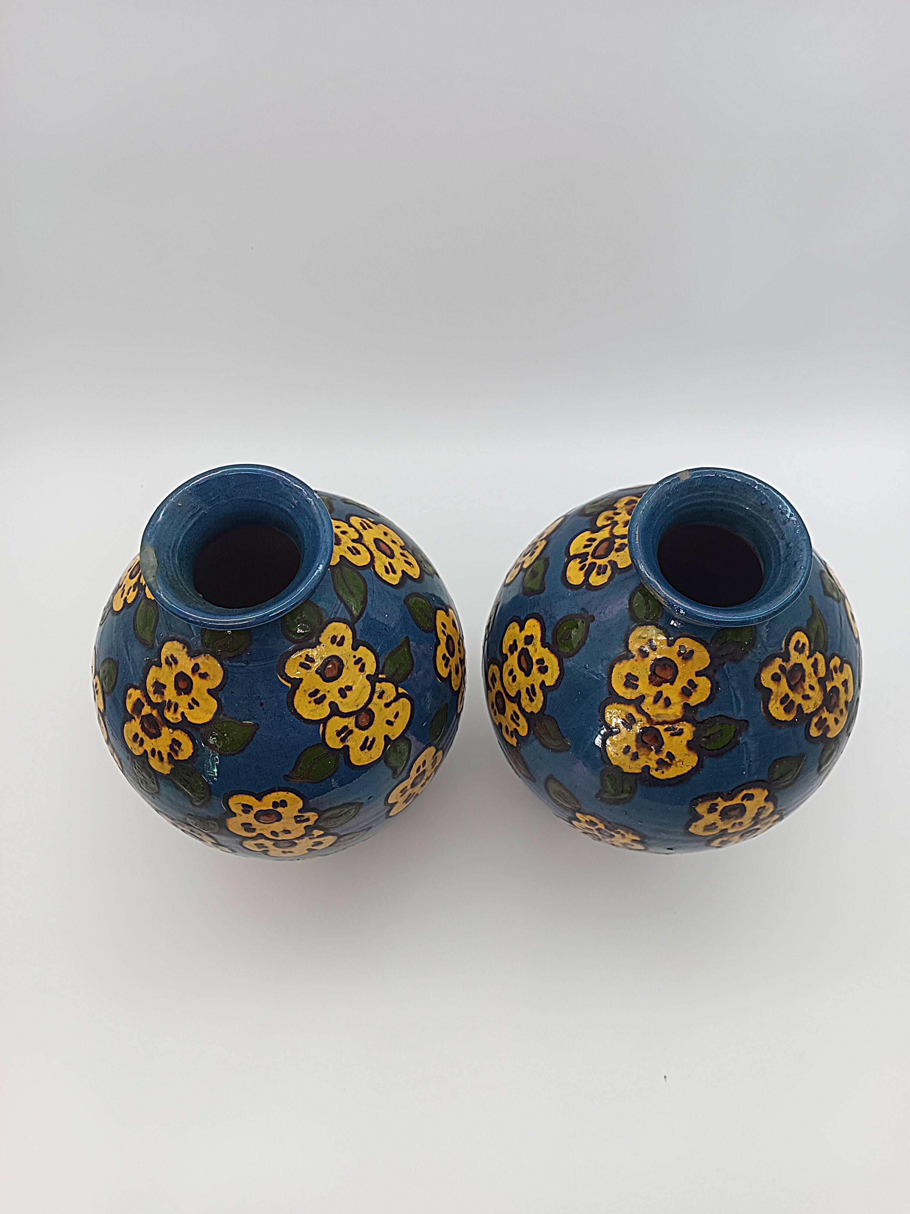 Pair of Large Art Deco Vases Émile Simonod H28cm Glazed Ceramic Blue
