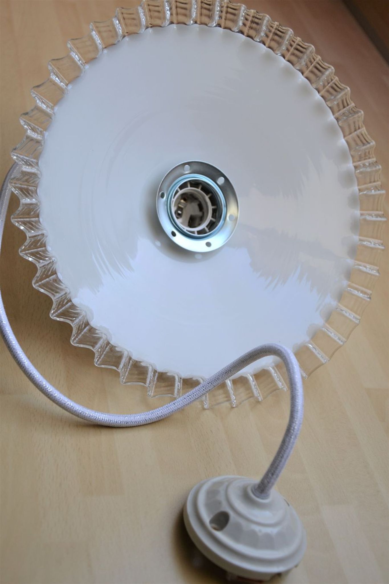White scalloped opaline hanging and chrome metal sleeve