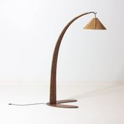 Italian wood arc floor lamp in rattan, 1970s